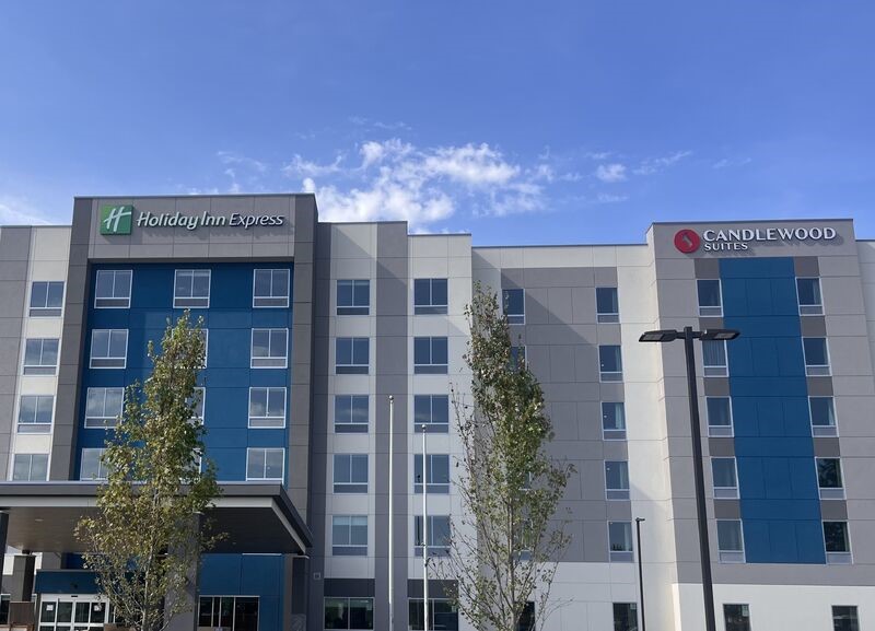 Exterior of Candlewood Suites and Holiday Inn Express Chattanooga East, showcasing the two hotels' modern design